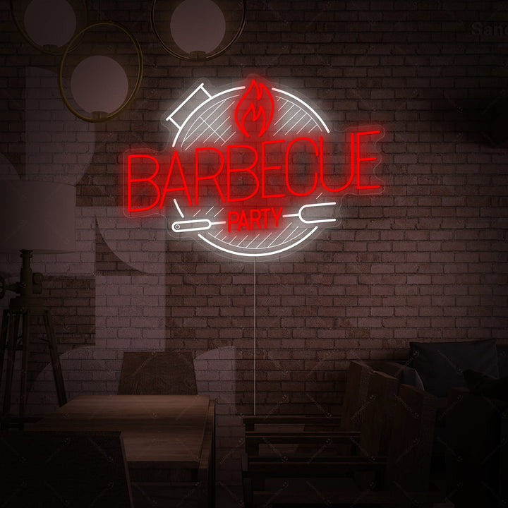 The 'Barbecue Party' neon sign is shown illuminated against a dark, textured wall, highlighting its intricate design and colorful glow.