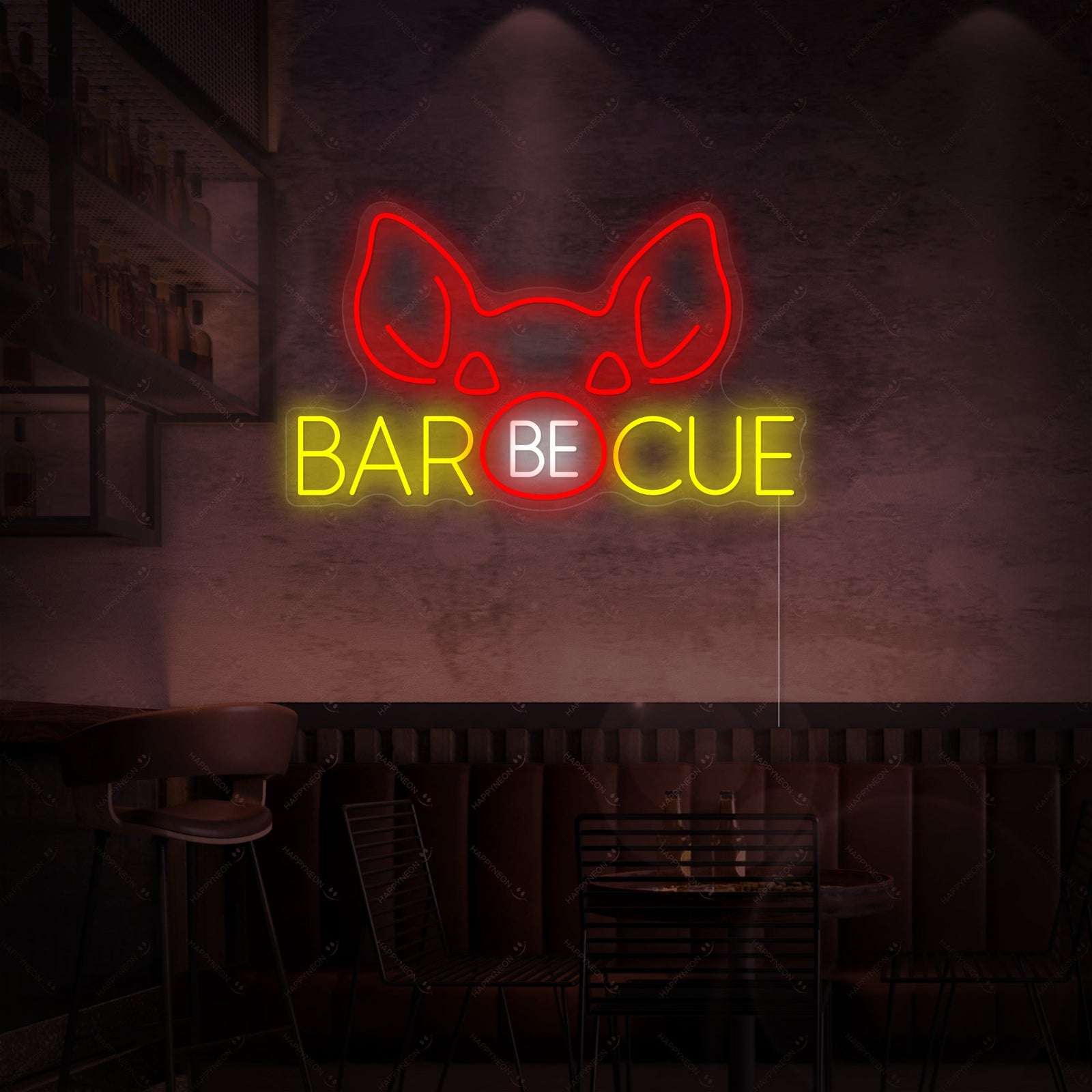 A detailed view of the illuminated 'Barbecue Pig' neon sign showing the pig silhouette and text.