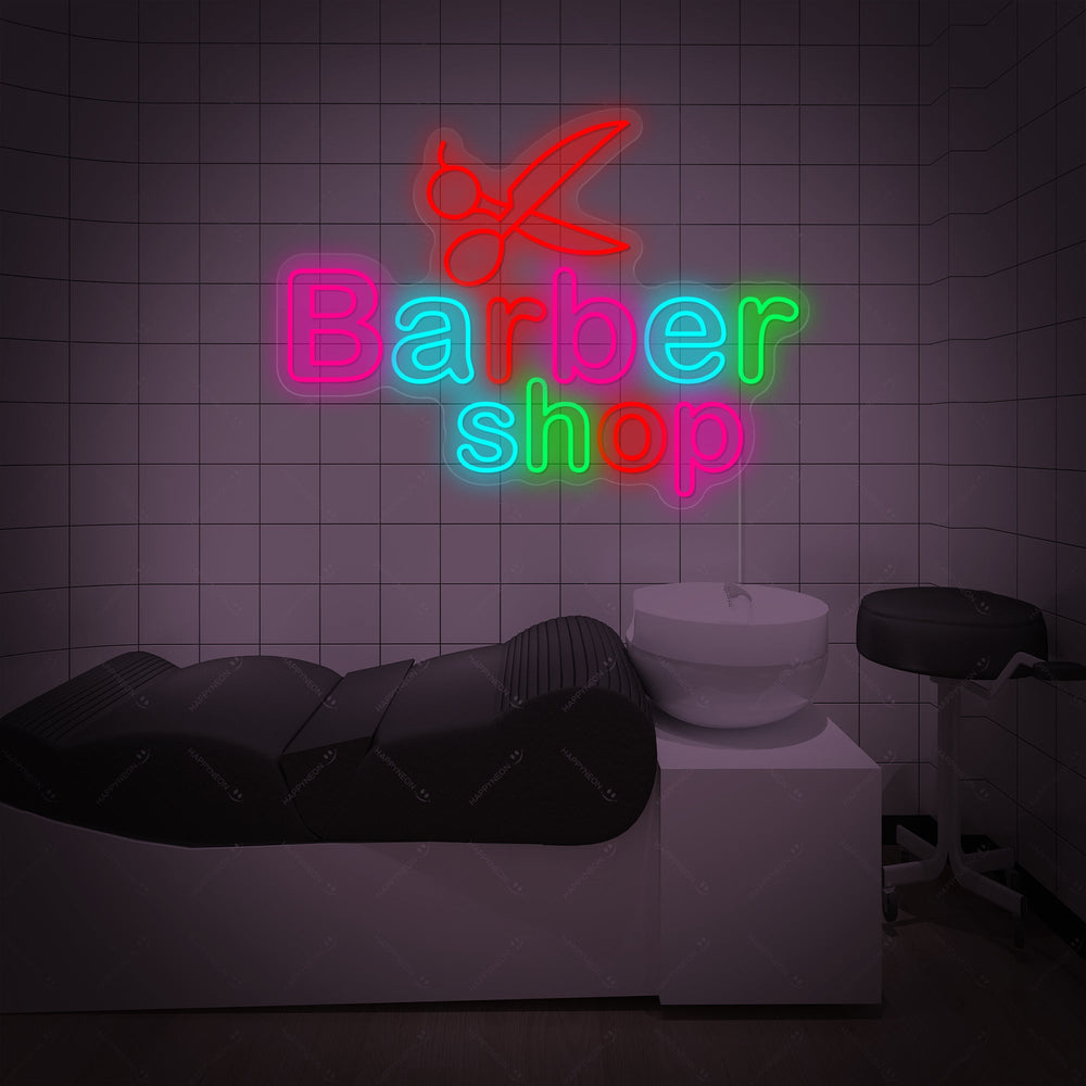 The glowing 'Barber Open' neon sign design with integrated barber pole icon, presented as a clear graphic against a dark backdrop.