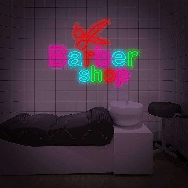 The glowing 'Barber Open' neon sign design with integrated barber pole icon, presented as a clear graphic against a dark backdrop.