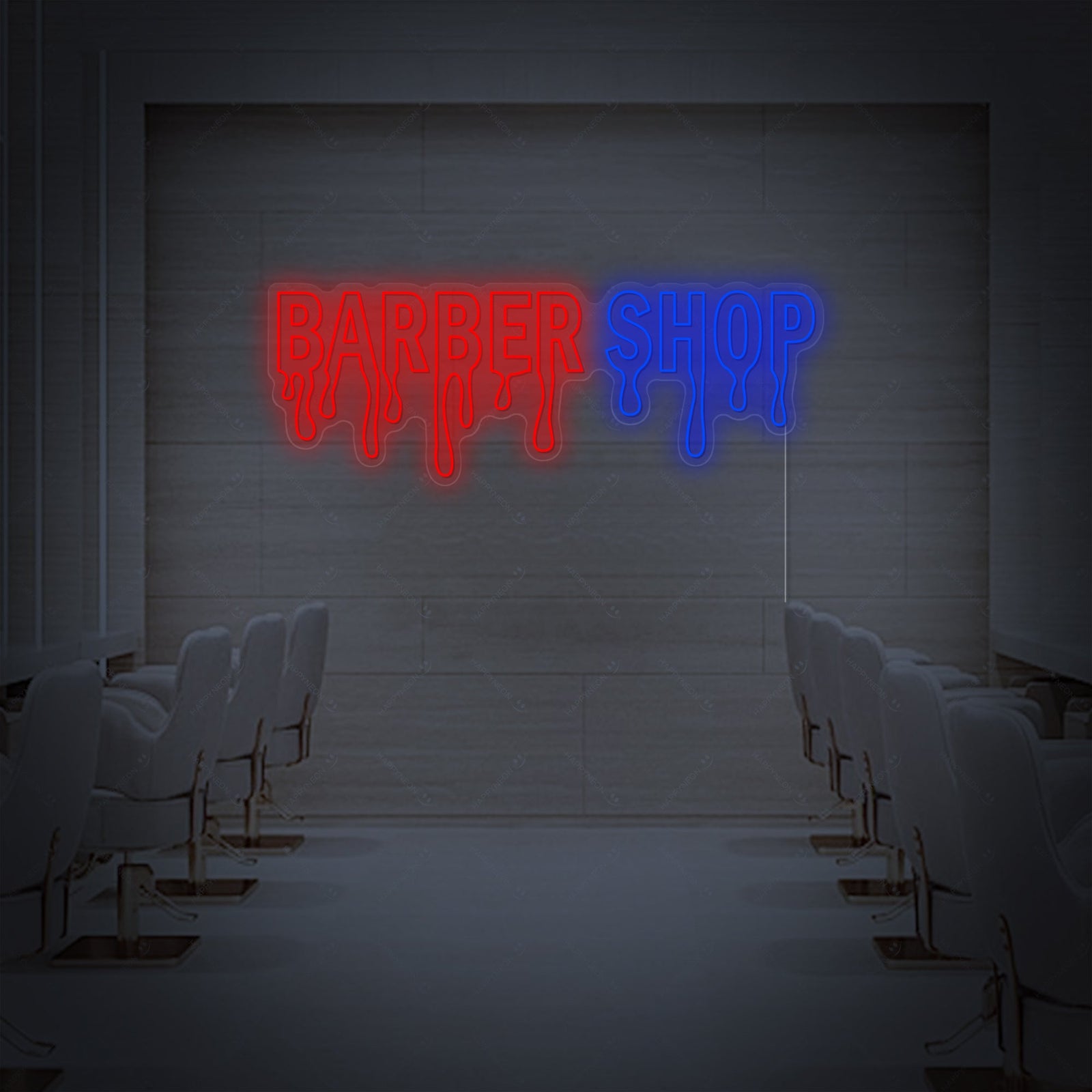 An illustrative depiction of a stylized 'Barbershop' neon sign glowing above a traditional barber chair in a curated shop environment.