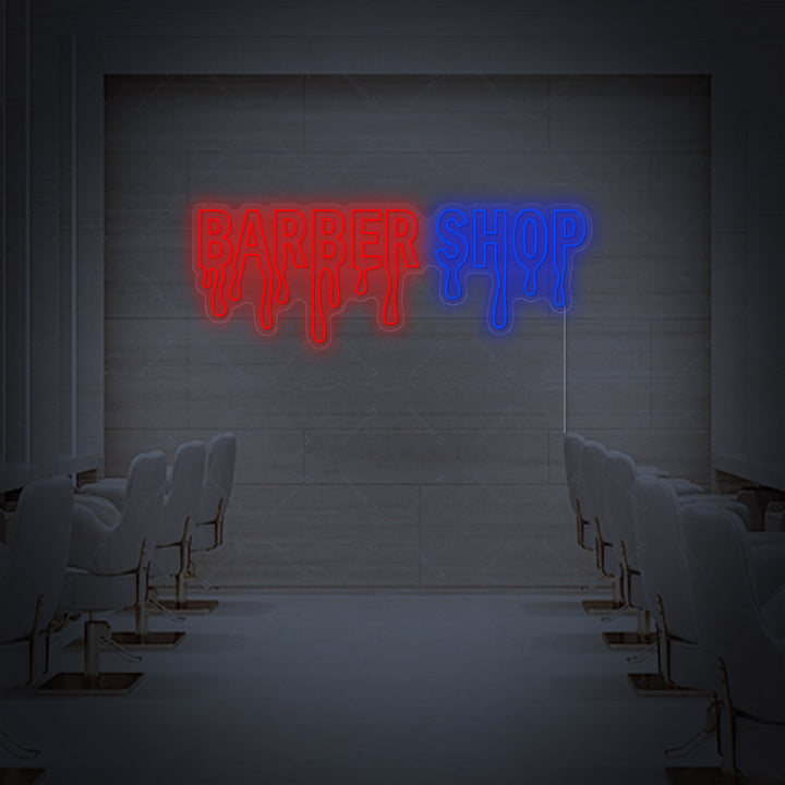 An illustrative depiction of a stylized 'Barbershop' neon sign glowing above a traditional barber chair in a curated shop environment.