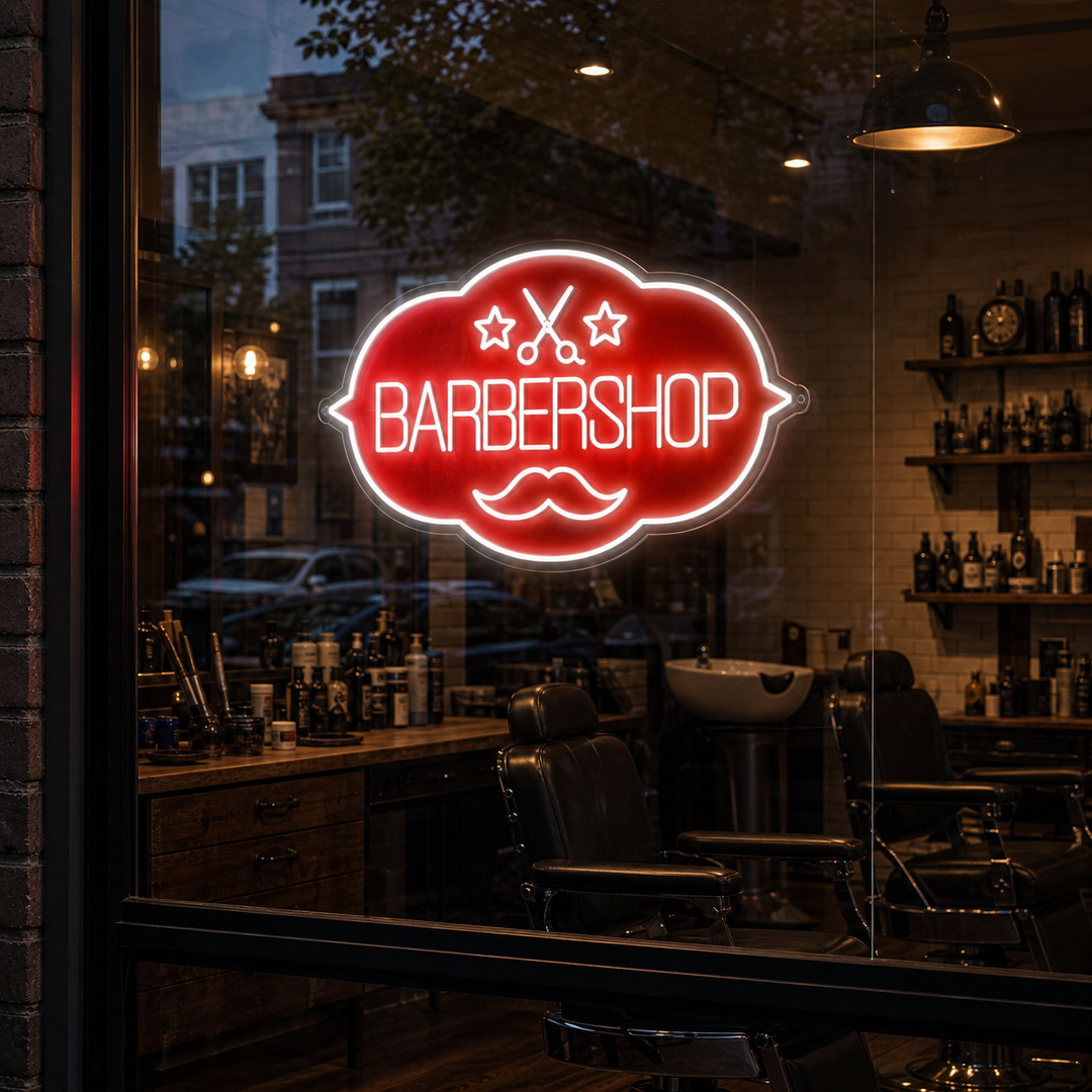A glowing 'Barbershop' UV printed neon sign displayed prominently on a rustic brick wall within a stylish, modern barber shop interior.
