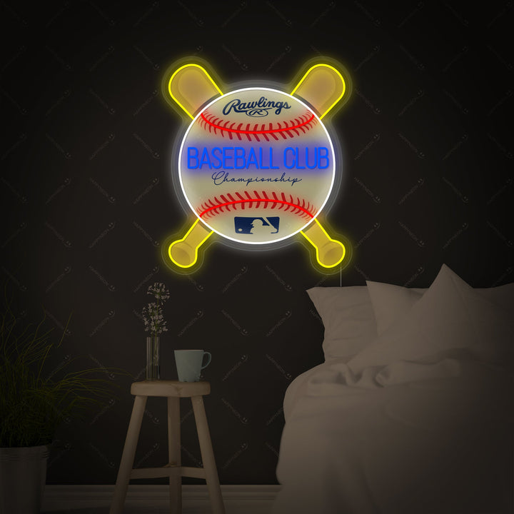 The graphic design of the Baseball Club neon sign, showcasing the red text and the detailed white baseball icon with red outlines.