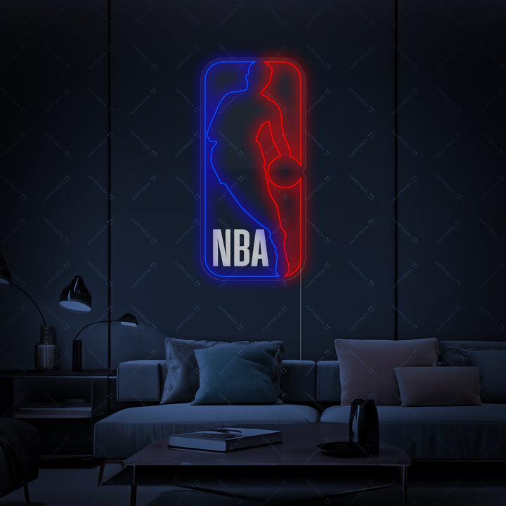 Close up of an LED basketball neon sign in a dimly lit room