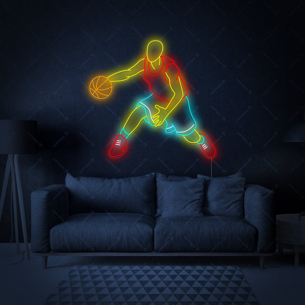 Graphic mockup of 'Basketball 24 Player' neon sign on a stylized wall.