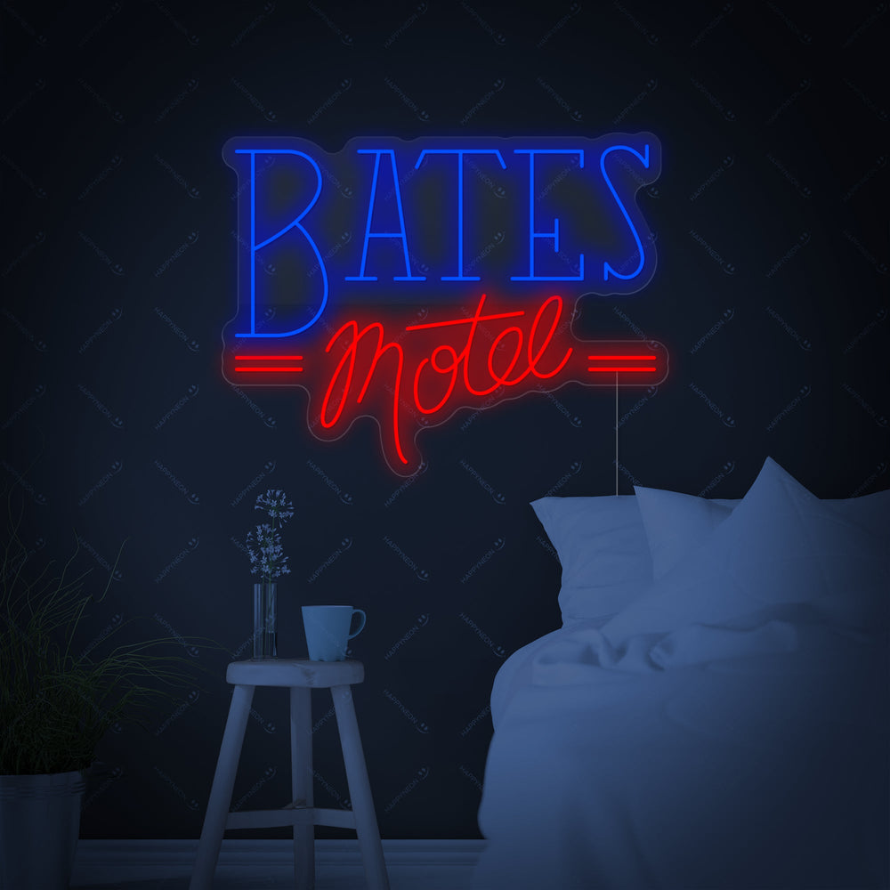 A glowing 'Bates Motel' neon sign against a dark bedroom background.