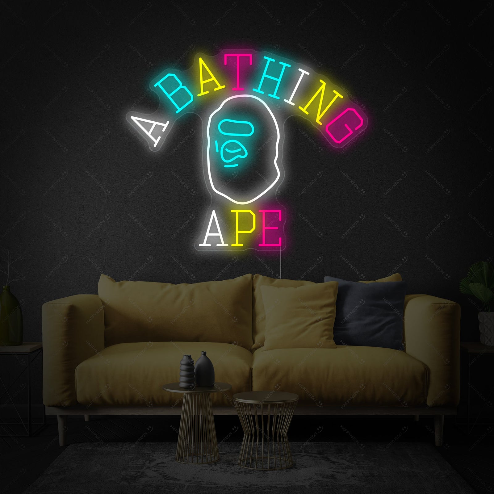 Graphic representation of the 'Bathing Ape' APE HEAD logo re-imagined as a luminous neon wall light.