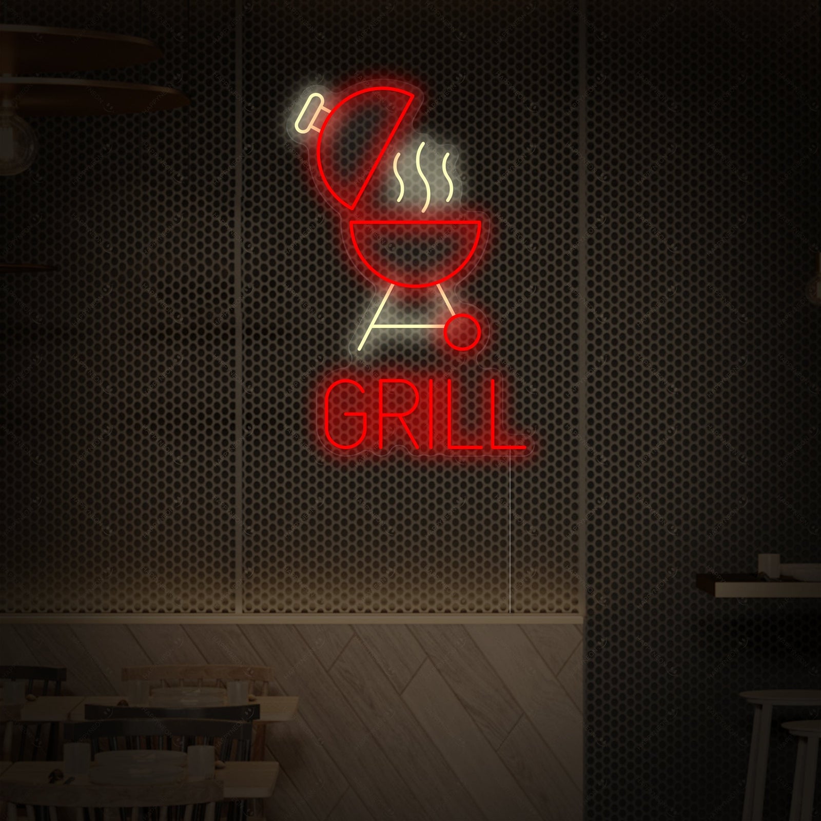 Vibrant orange and white BBQ Grill glowing neon sign, featuring a smoking grill design, mounted on a rustic stone wall.