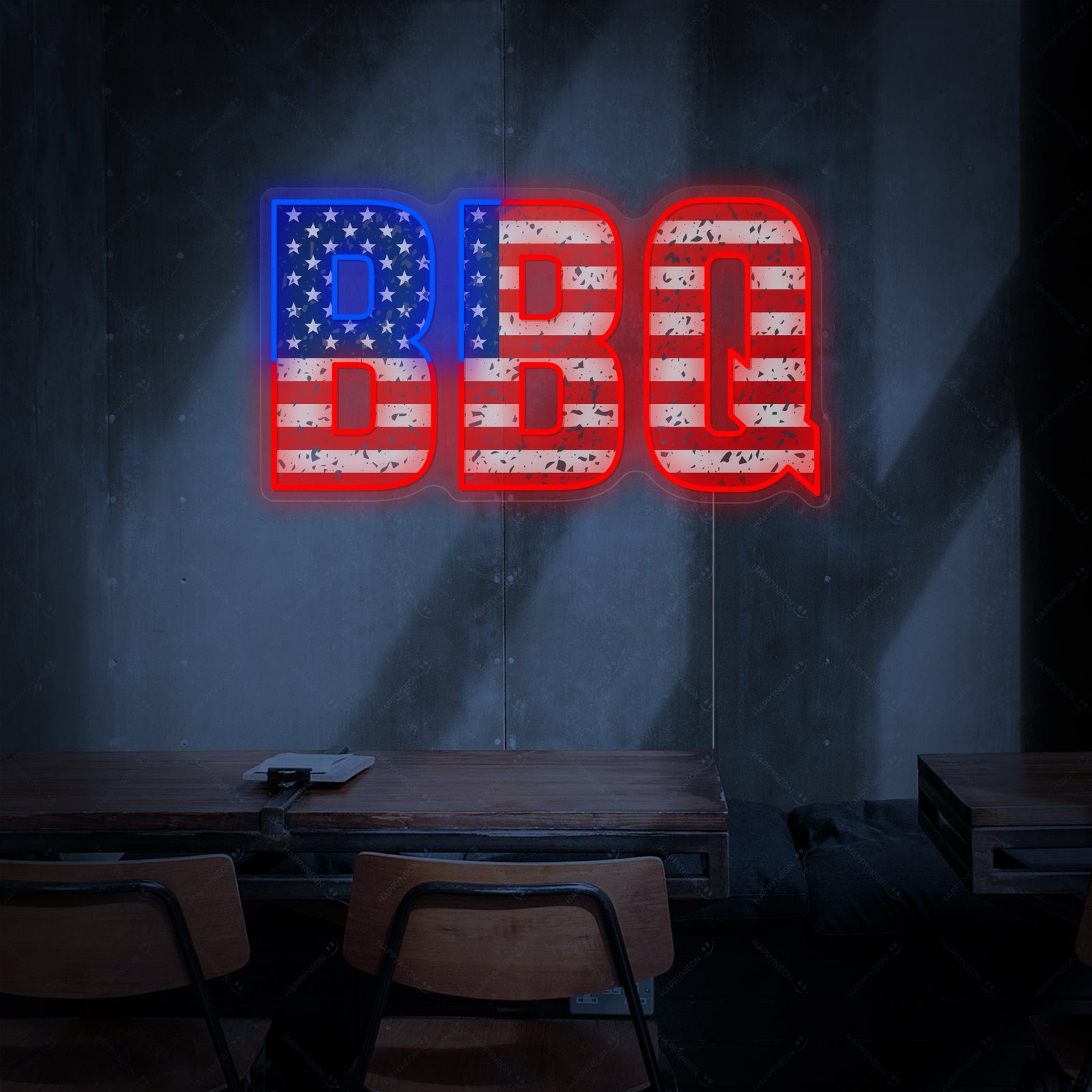 Close-up view of the American BBQ neon sign's clear acrylic backing and LED tubing details.