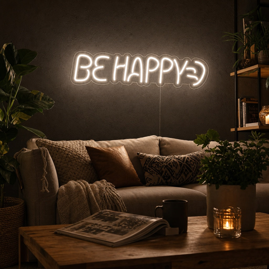 A cozy lifestyle scene showing the illuminated 'Be Happy' neon sign glowing above a bed in a modern bedroom.