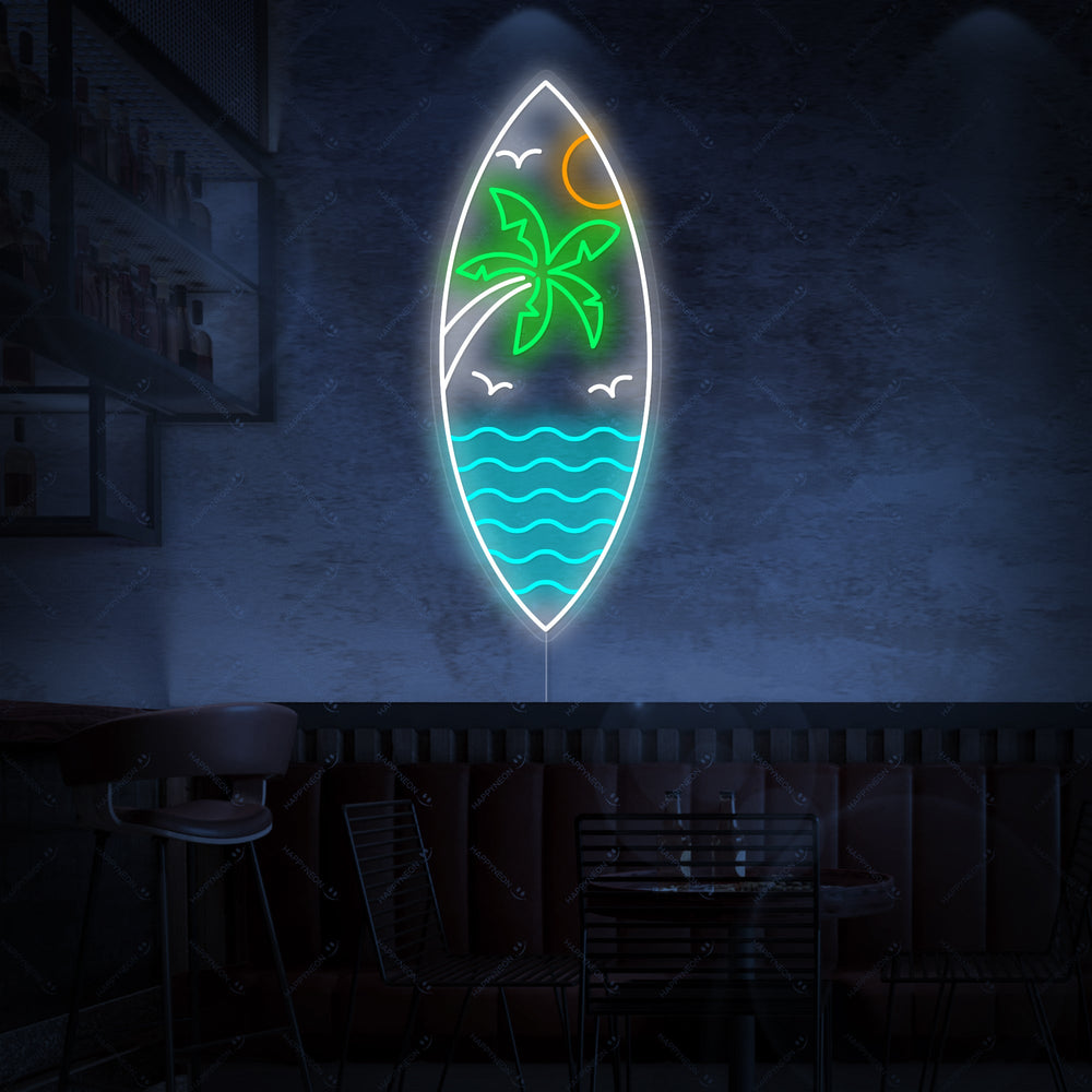 Detailed product shot of the 'Beach Waves Tropical Sunset' neon sign, emphasizing the craftsmanship, colors, and the clear acrylic backer it's mounted on.