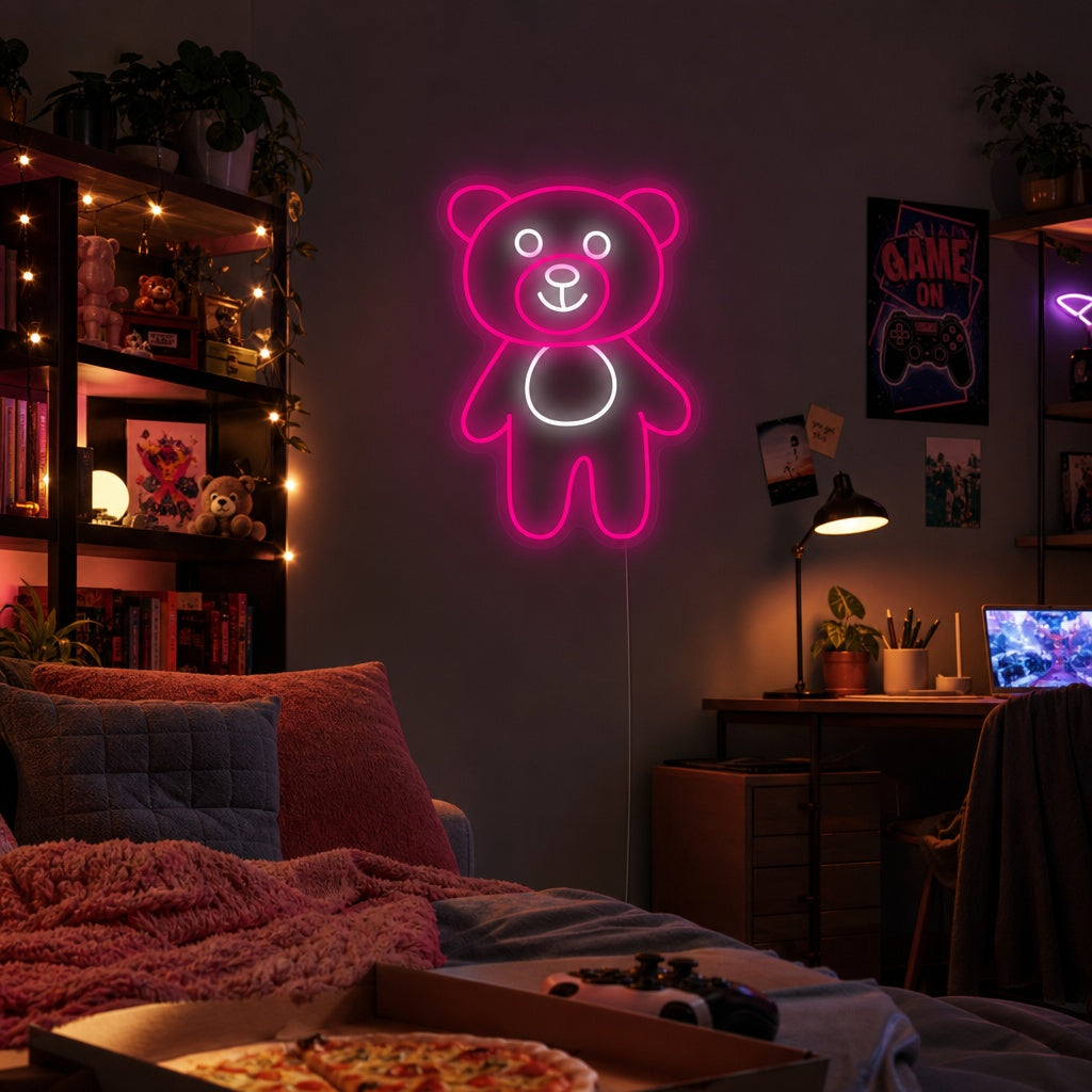 A cozy kids' room with the Bear Buddy neon sign glowing warmly above a crib.