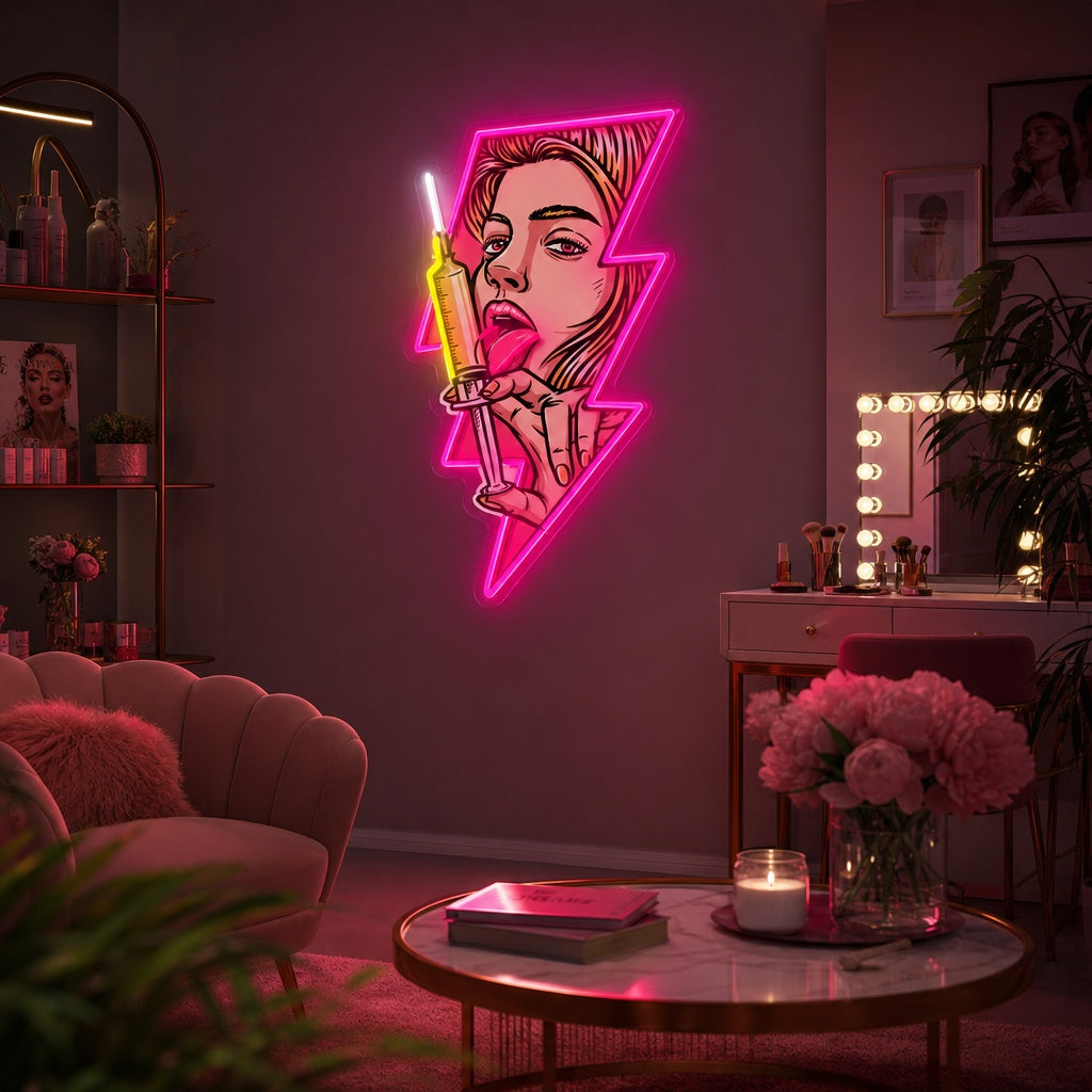 A stylish 'Beauty Boost' neon sign with intricate white outline details and soft pink lighting, casting a glow on a decorative accent wall.