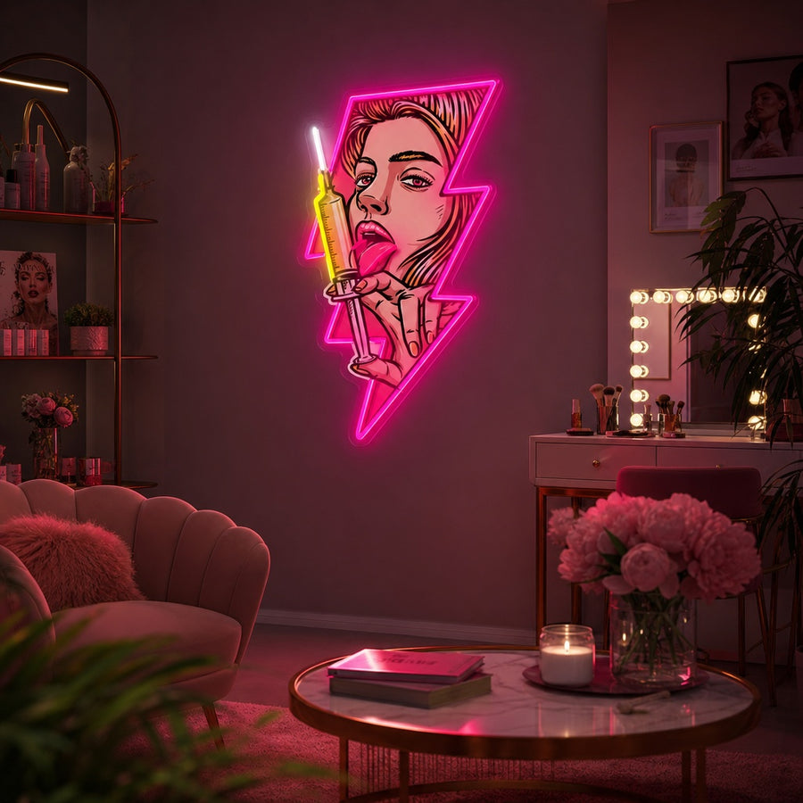 A stylish 'Beauty Boost' neon sign with intricate white outline details and soft pink lighting, casting a glow on a decorative accent wall.
