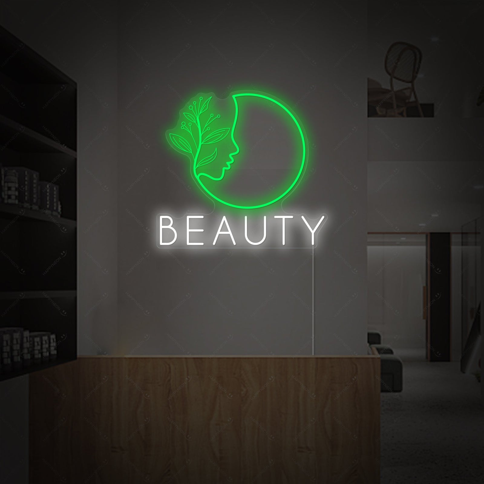 A glowing pink neon wall sign featuring a woman's profile, a botanical leaf, and the text "Beauty Spa," displayed above a treatment bed and soft towels.