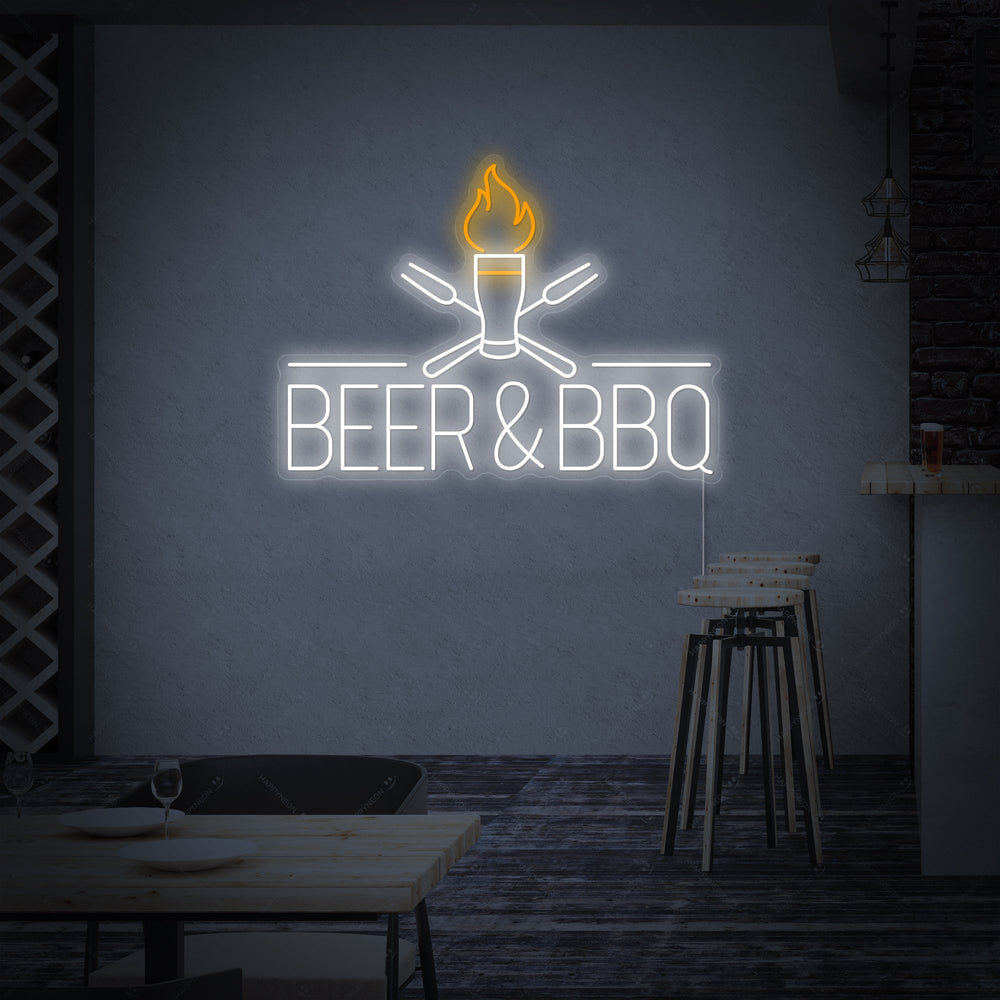 A detailed view of the Beer And BBQ Neon Sign featuring clear text and graphic elements, designed for a barbecue restaurant or home bar.