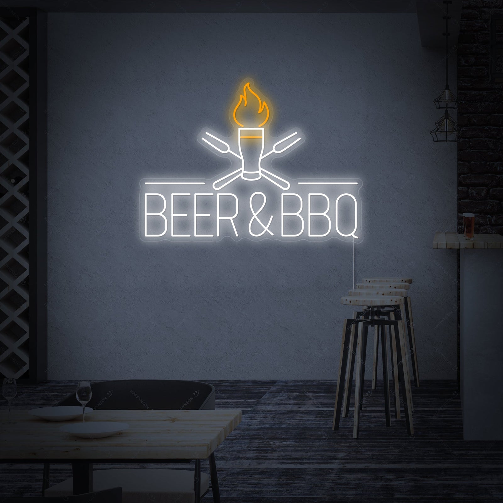 A detailed view of the Beer And BBQ Neon Sign featuring clear text and graphic elements, designed for a barbecue restaurant or home bar.