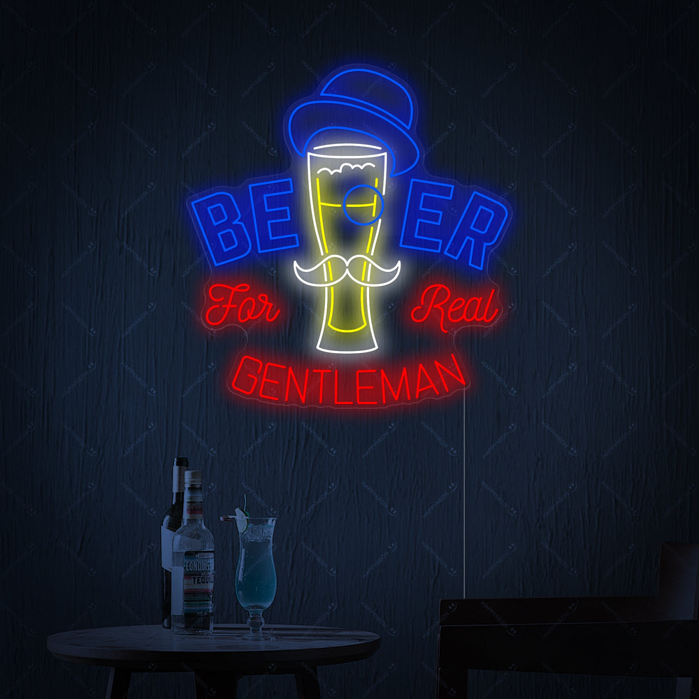 Detailed product view of the 'Beer For Gentleman' neon sign showing the design elements on a clear background.