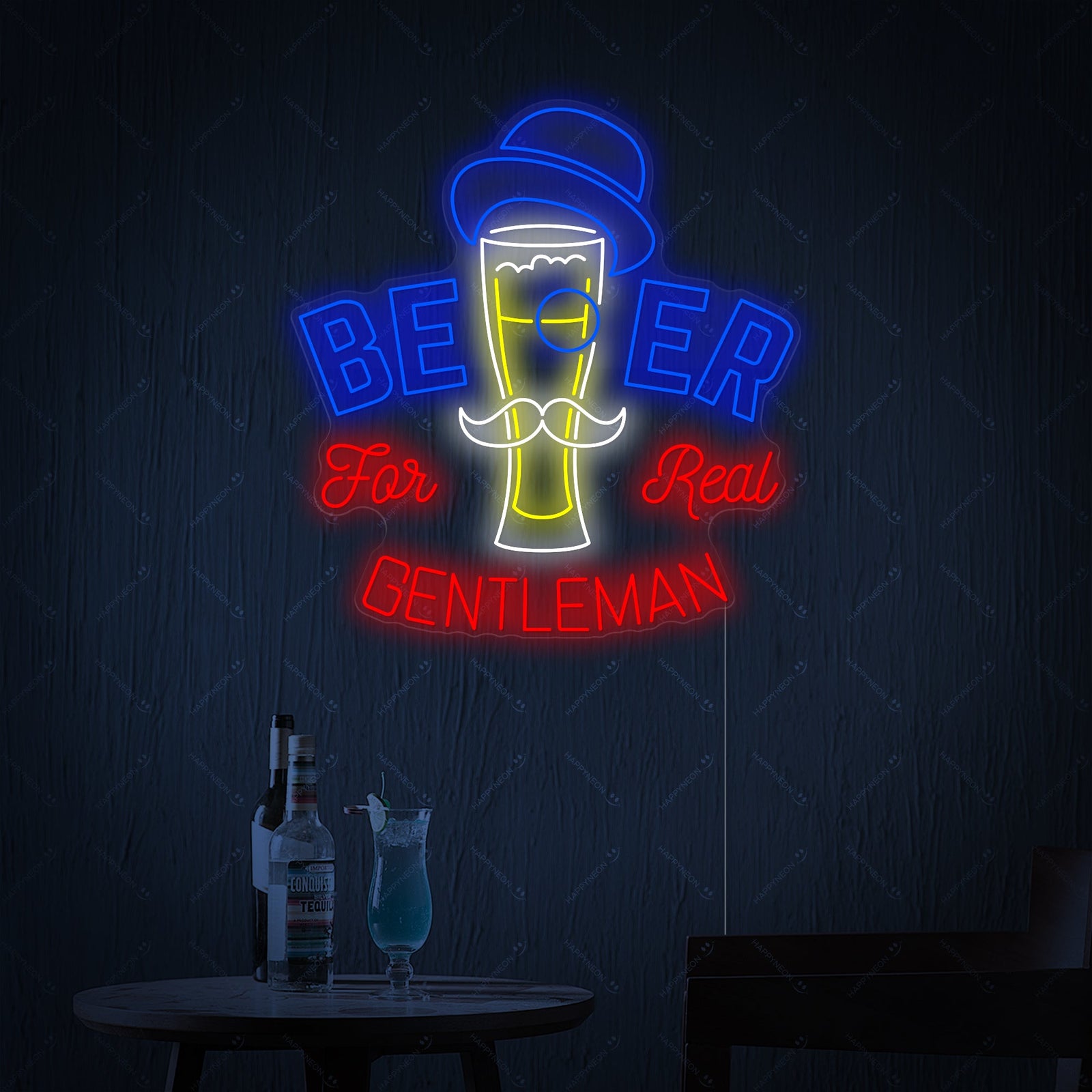 Detailed product view of the 'Beer For Gentleman' neon sign showing the design elements on a clear background.