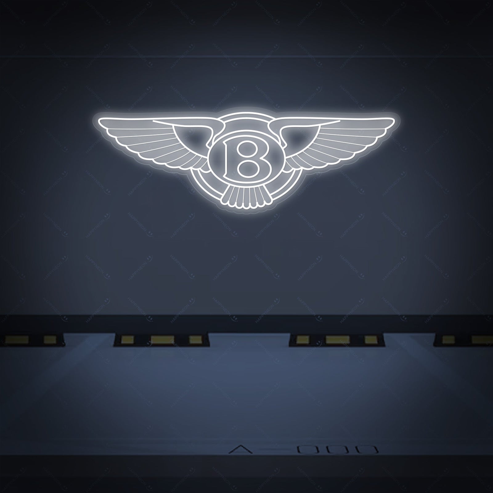 A clean graphic design mockup of a custom neon sign featuring a recognizable luxury automotive brand logo and a wing element, displayed glowing green against a dark patterned background.