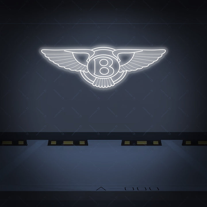 A clean graphic design mockup of a custom neon sign featuring a recognizable luxury automotive brand logo and a wing element, displayed glowing green against a dark patterned background.
