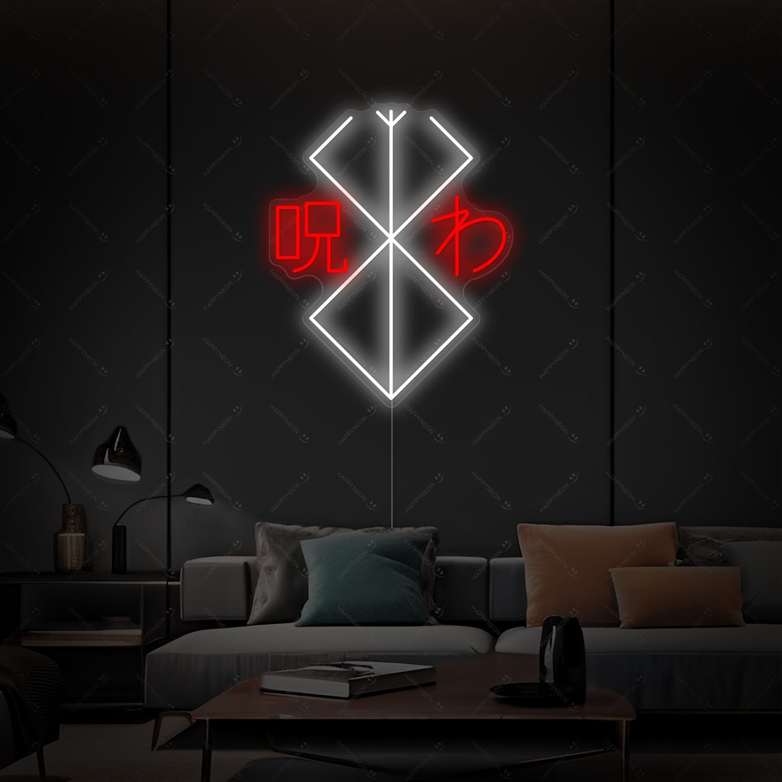 The distinctive jagged shape of the Berserk Brand of Sacrifice rendered as a bright red glowing neon sign.