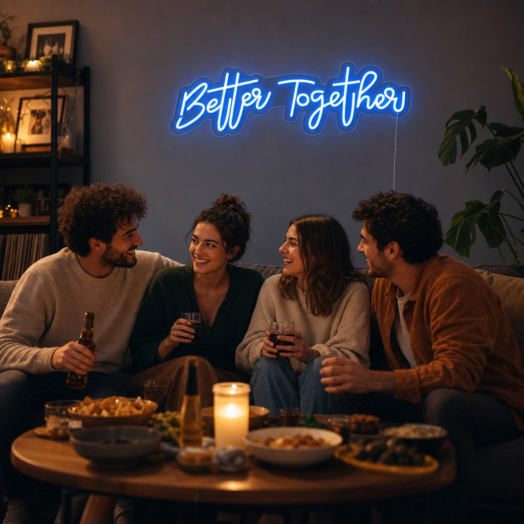 Better Together glowing script neon sign styled in a cozy living room setting above a sofa.
