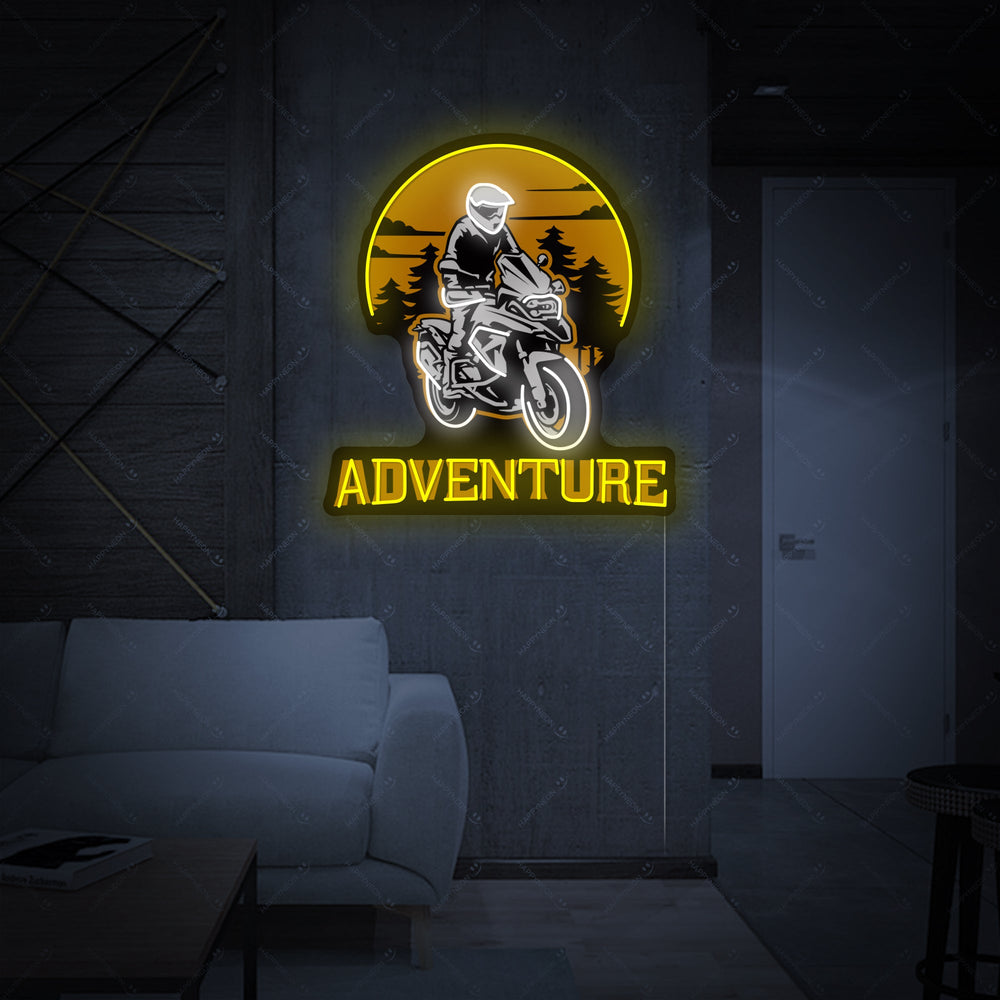 A graphic design mockup for the Biker Riding Adventure Motorbike neon sign, showing the biker figure and motorcycle logo in glowing blue and green outlines on a plain background.