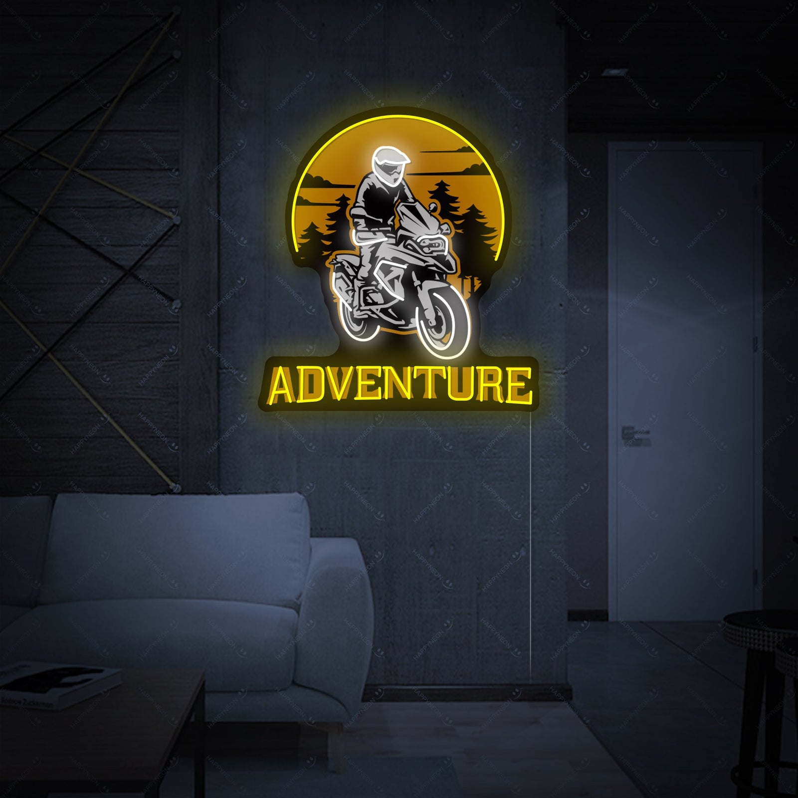 A graphic design mockup for the Biker Riding Adventure Motorbike neon sign, showing the biker figure and motorcycle logo in glowing blue and green outlines on a plain background.