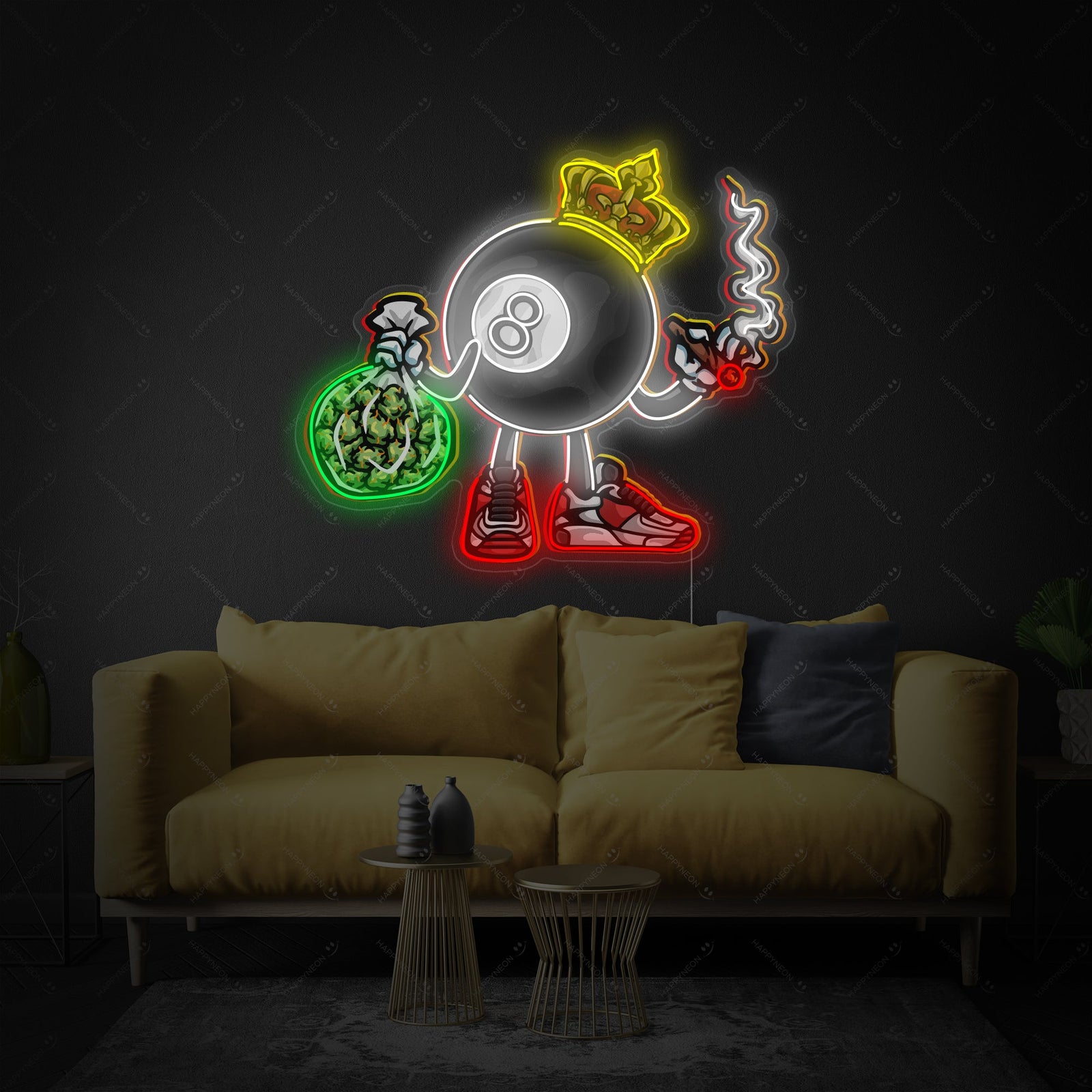 A vibrant neon sign depicting a smoking 8-ball with a crown and a lit cigar, glowing against a brick wall in a cozy room setting.