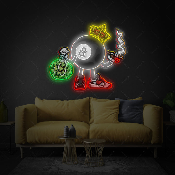 A vibrant neon sign depicting a smoking 8-ball with a crown and a lit cigar, glowing against a brick wall in a cozy room setting.