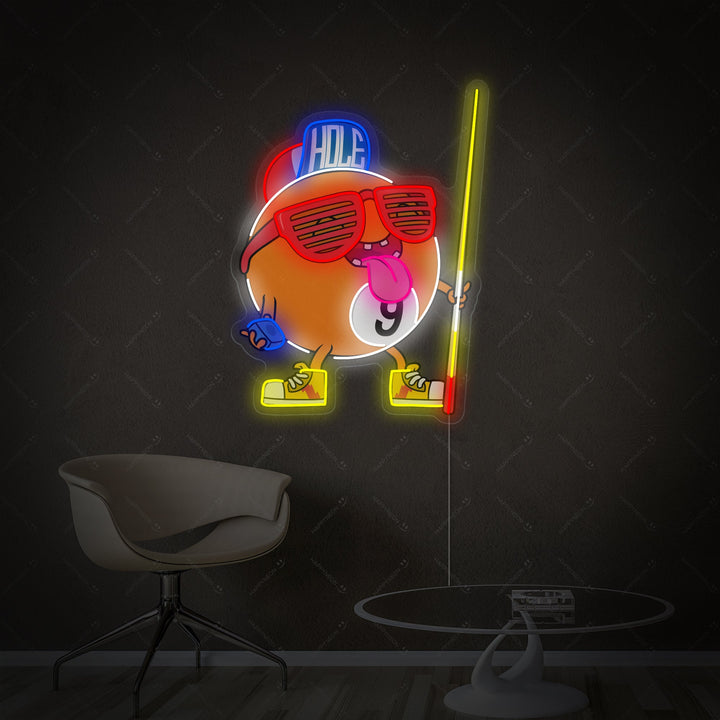 A clean, detailed product render of the Nine Ball Billiard neon sign showing the blue tubing and UV printed details on acrylic backing.