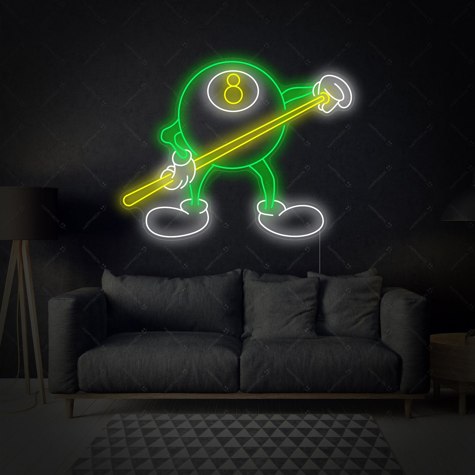 A graphic design mockup of a neon sign showing a simplified figure playing pool, with blue neon tubing details.