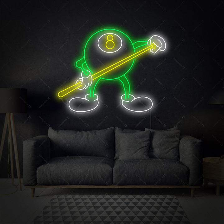 A graphic design mockup of a neon sign showing a simplified figure playing pool, with blue neon tubing details.
