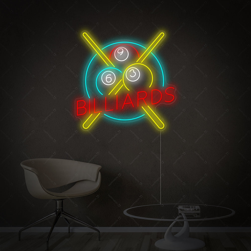 Close-up of the lit Billiards neon wall decor sign featuring blue script and red accents.