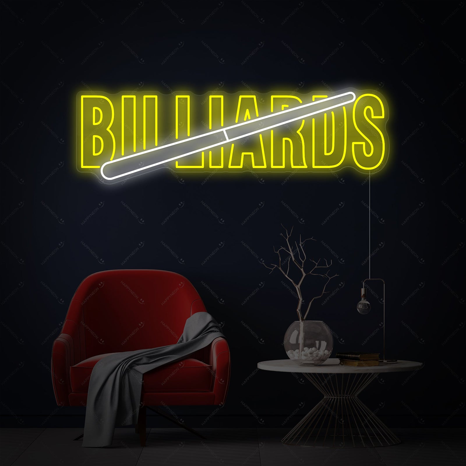 Close-up perspective view of the illuminated Billiards Open Neon Sign showing the neon tubing detail and backing