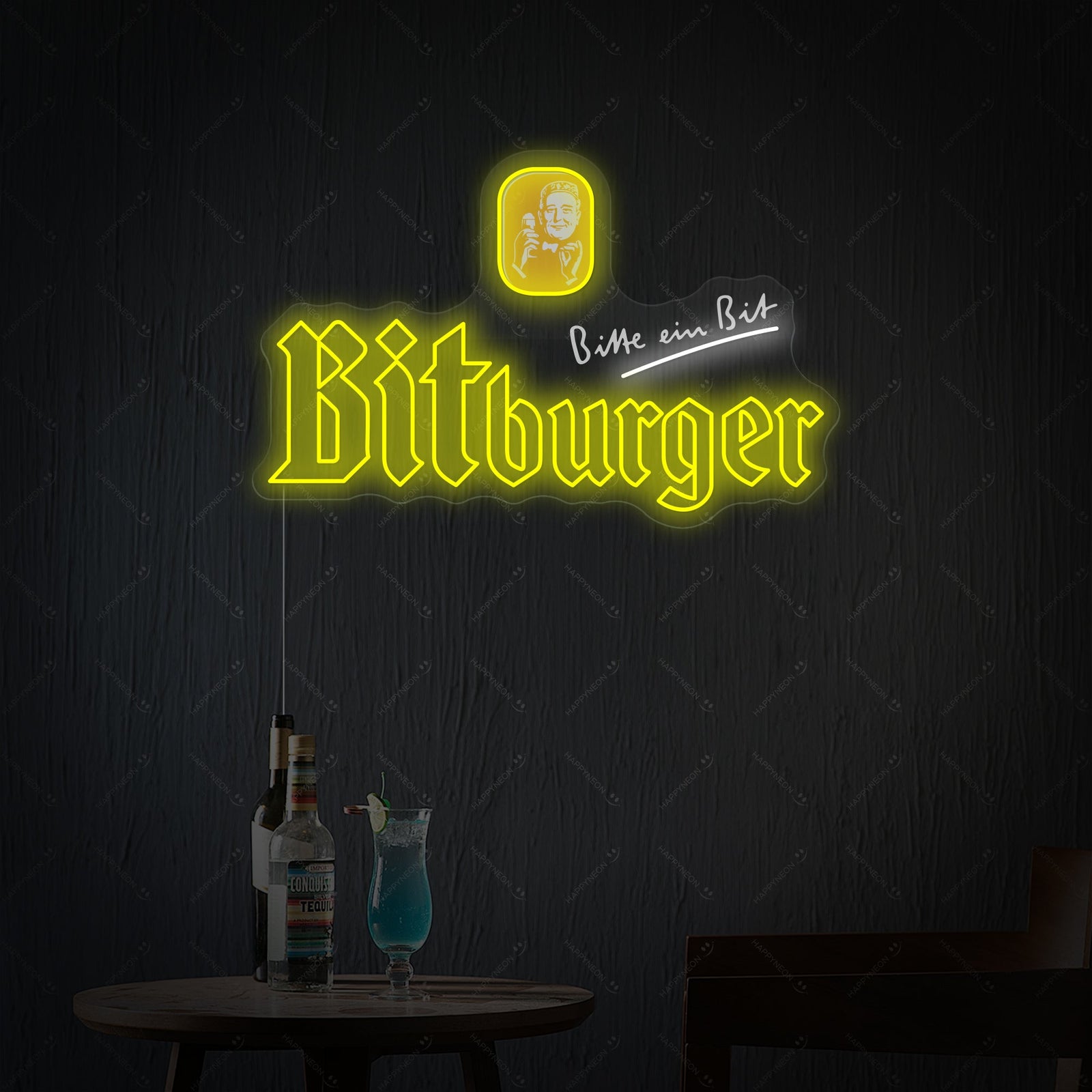 The official Bitburger brand logo rendered as a luminous neon sign against a dark background.