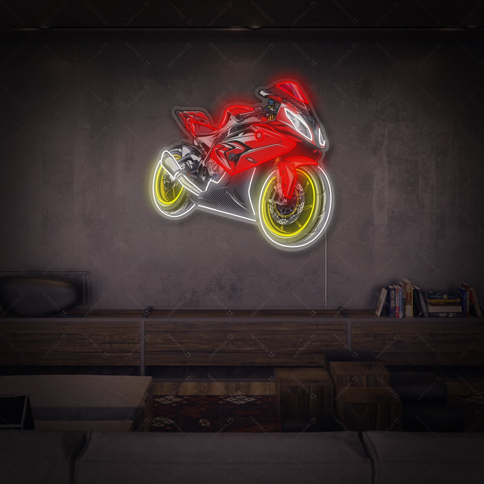 A flat design visual of the motorcycle neon sign showing the precise glowing blue and yellow outlines and the acrylic backing shape with power cord