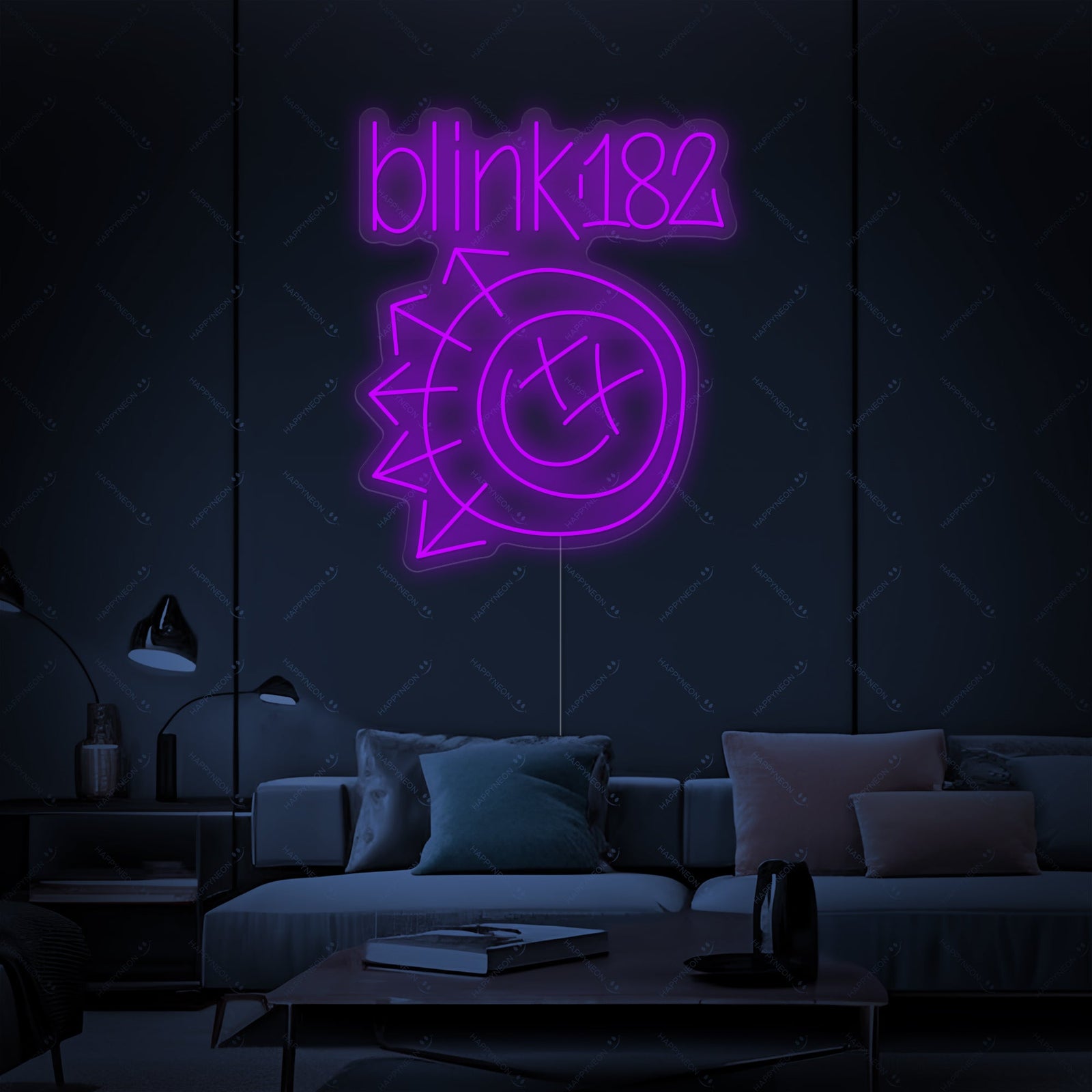 Blink-182 neon sign on clear mounting backboard, viewed in a well-composed interior setting.