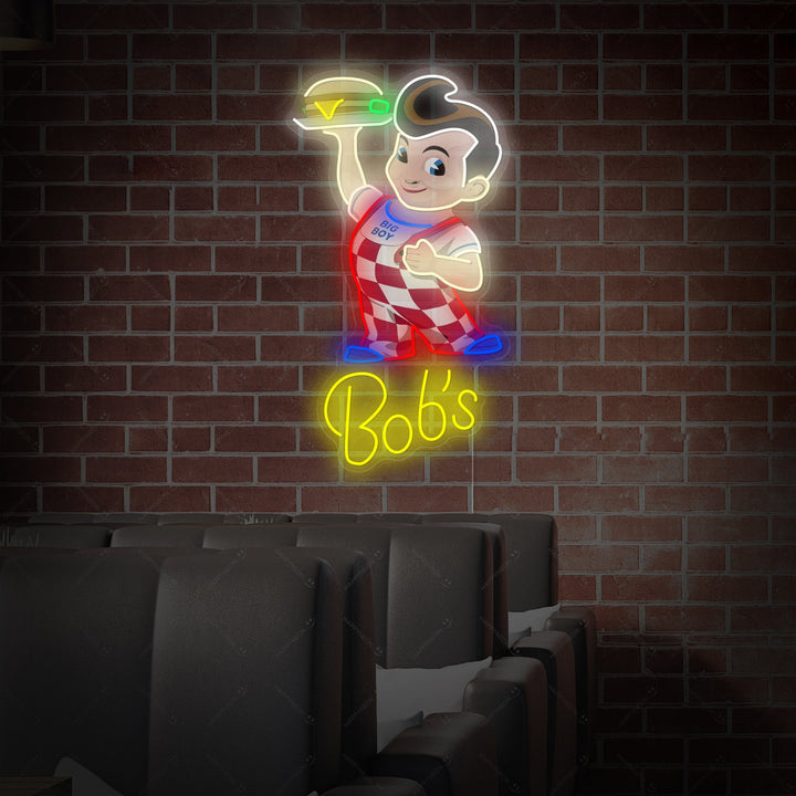 A clean graphic representation of the 'Bob's Burgers' neon sign design featuring the show title and a figure holding a burger, on a transparent background.