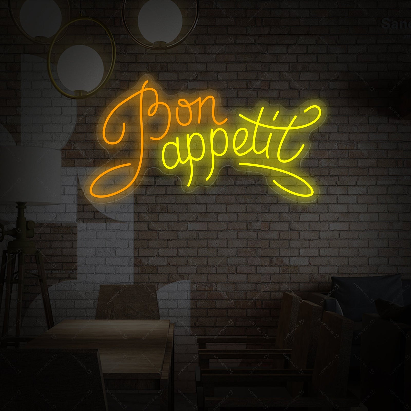 Detailed rendering of the 'Bon Appetit' neon sign, showing the red illuminated tubing forming the script words against a dark background, highlighting the sign's craftsmanship and shape.