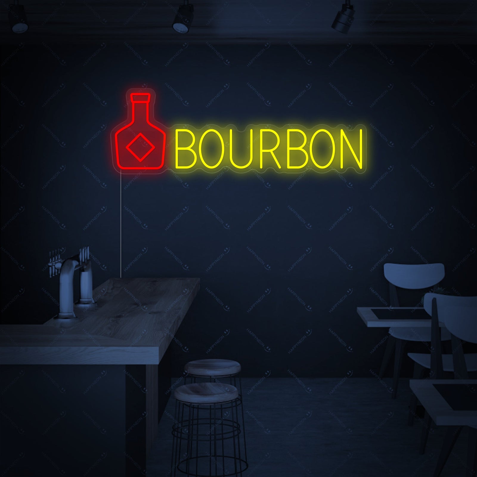 A stylized perspective view of the Bourbon neon sign illuminating a sophisticated bar setting with blurred liquor bottles.