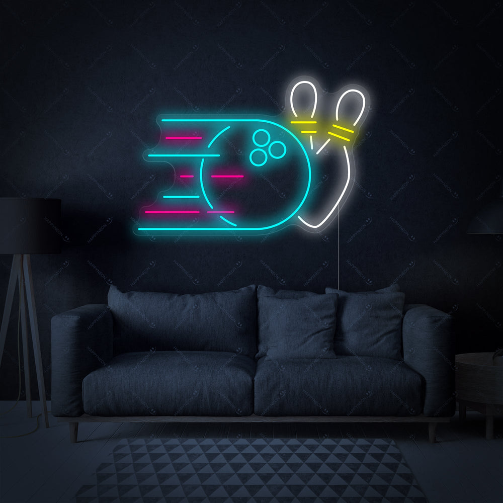 A high-quality studio shot of the Bowling Ball neon sign displaying the glowing tube art of a ball and pins on a clear acrylic backboard.