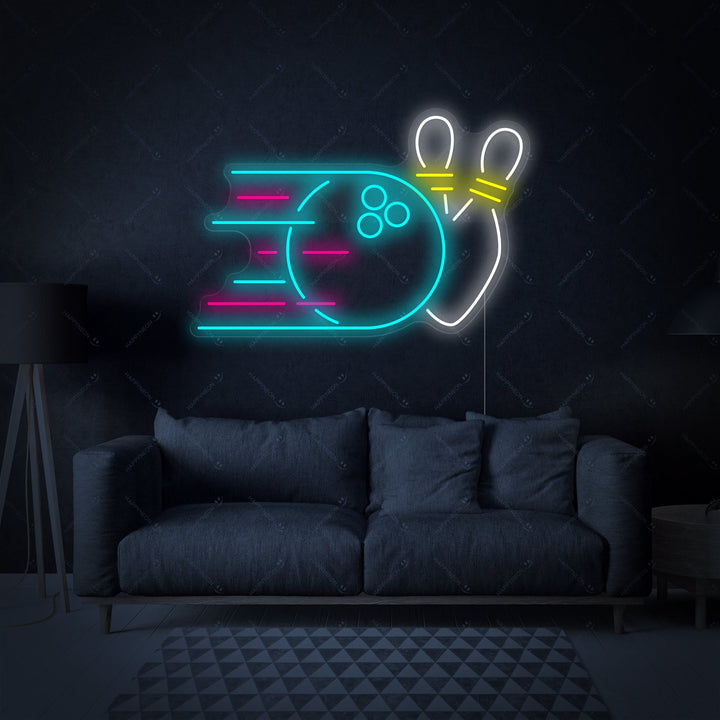 A high-quality studio shot of the Bowling Ball neon sign displaying the glowing tube art of a ball and pins on a clear acrylic backboard.