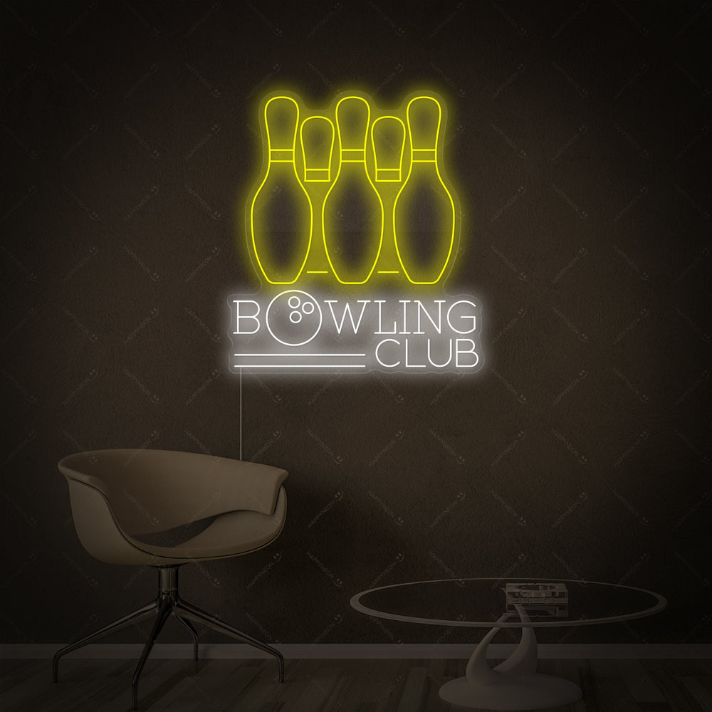 The 'Bowling Club' neon sign illuminated on its clear acrylic backing, showcasing the detailed tube design.