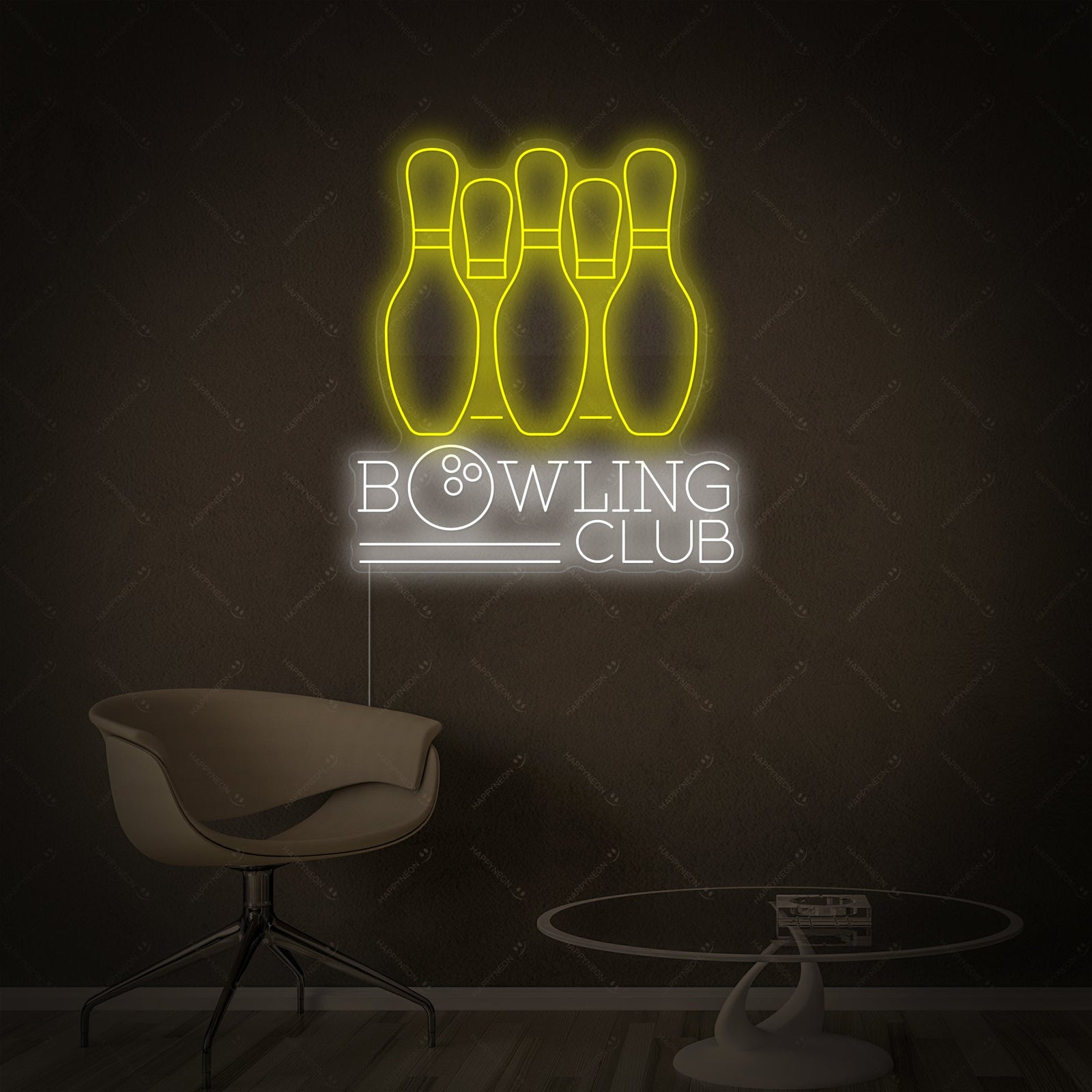 The 'Bowling Club' neon sign illuminated on its clear acrylic backing, showcasing the detailed tube design.