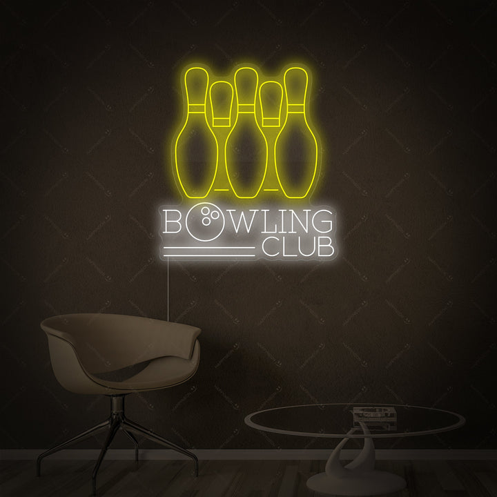 The 'Bowling Club' neon sign illuminated on its clear acrylic backing, showcasing the detailed tube design.