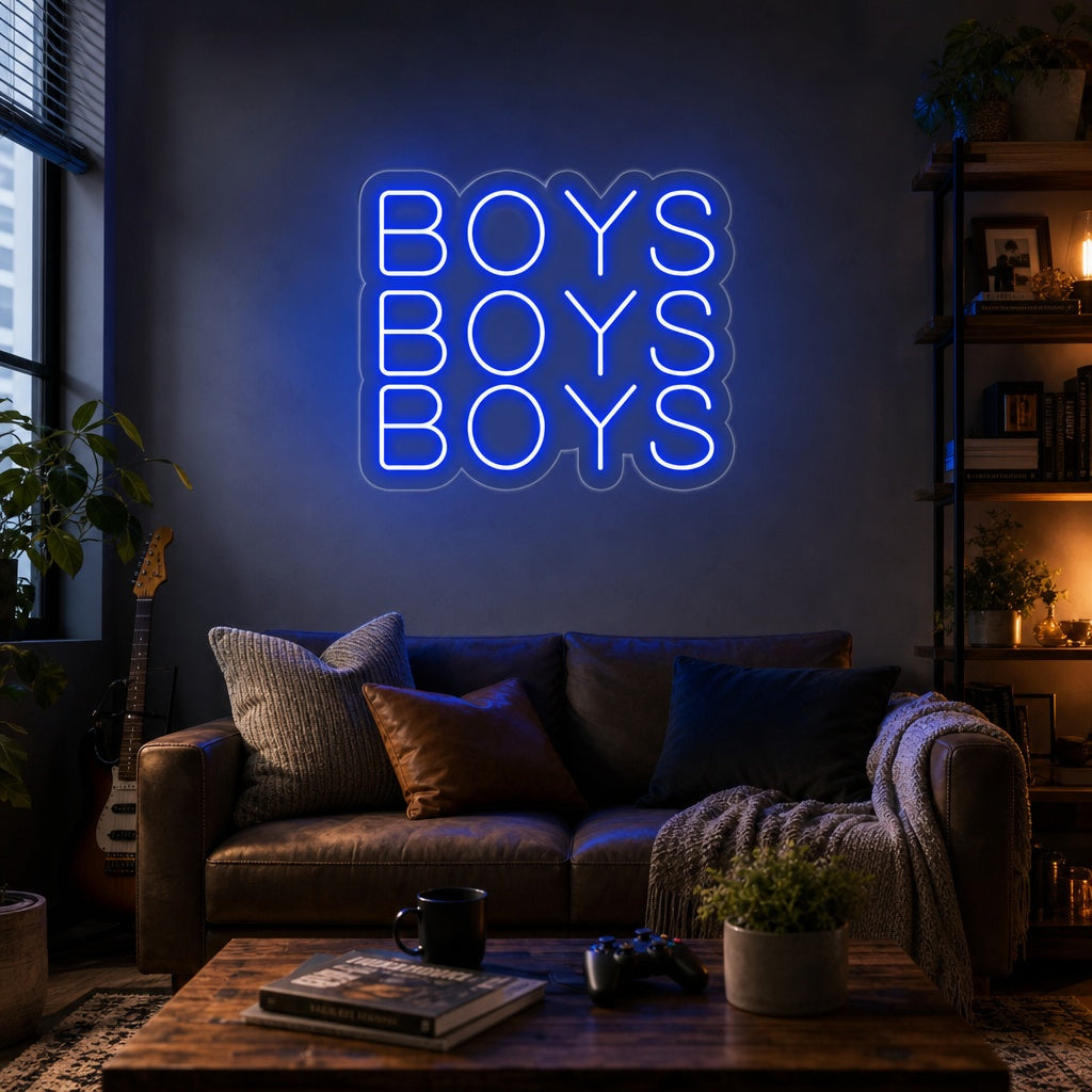 A vibrant 'Boys Boys Boys' neon sign glowing brightly on a wall in a stylish, energetic room, perfect for home bars and party spaces.