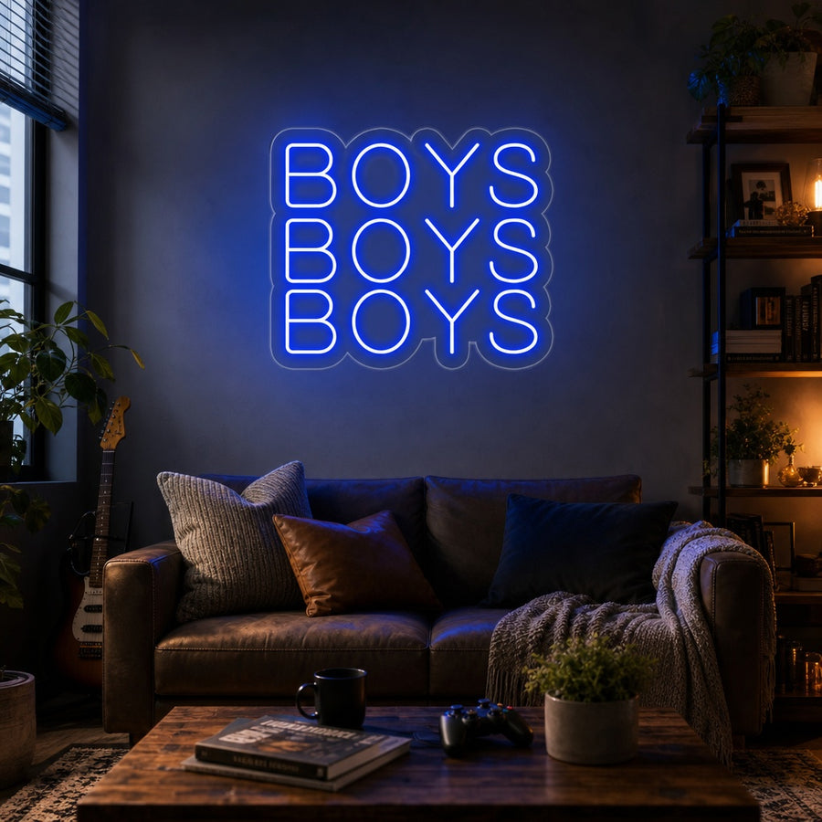 A vibrant 'Boys Boys Boys' neon sign glowing brightly on a wall in a stylish, energetic room, perfect for home bars and party spaces.